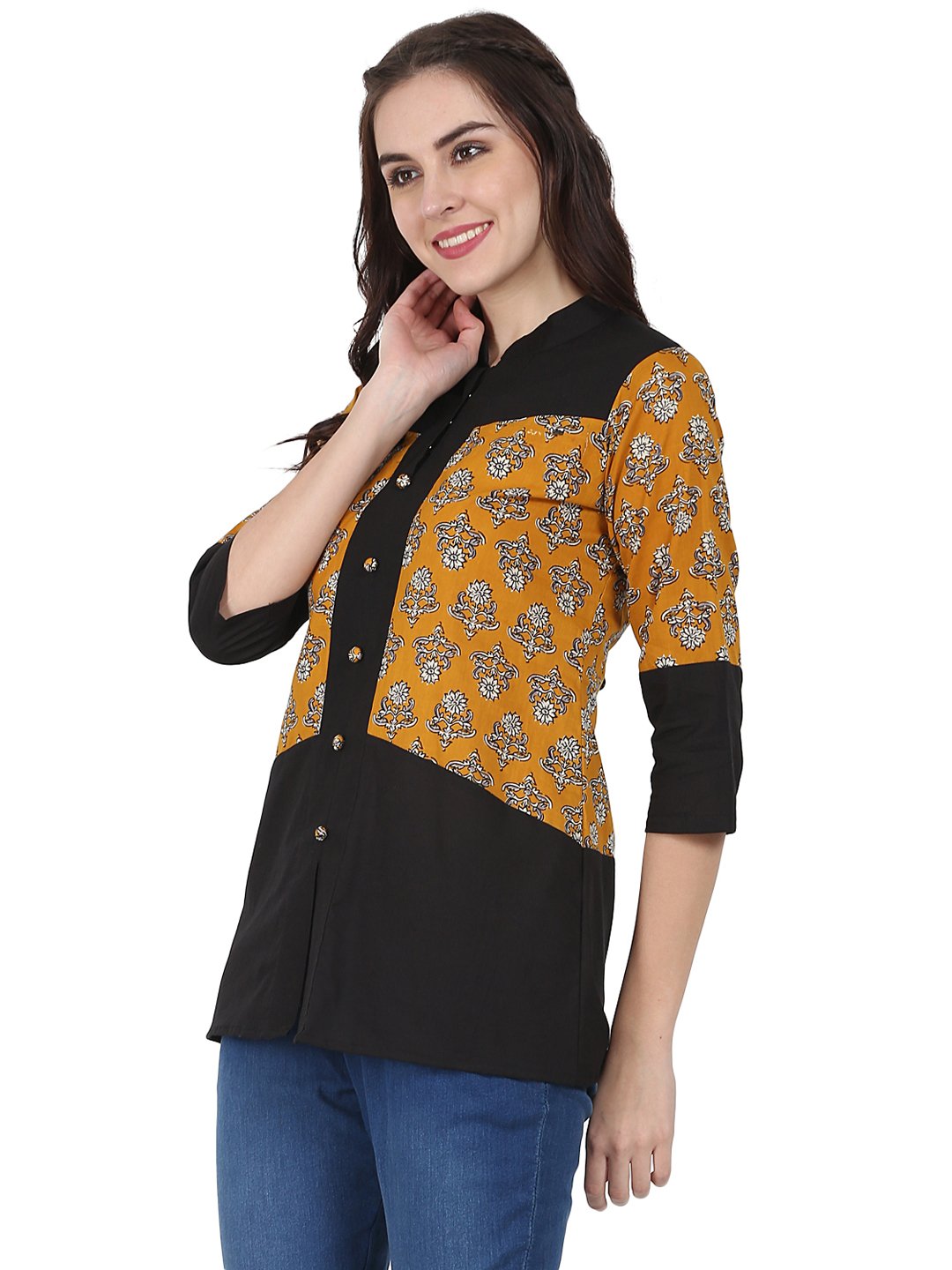 Women's Yellow & Black 3/4Th Sleeve Cotton Tunic - Nayo Clothing