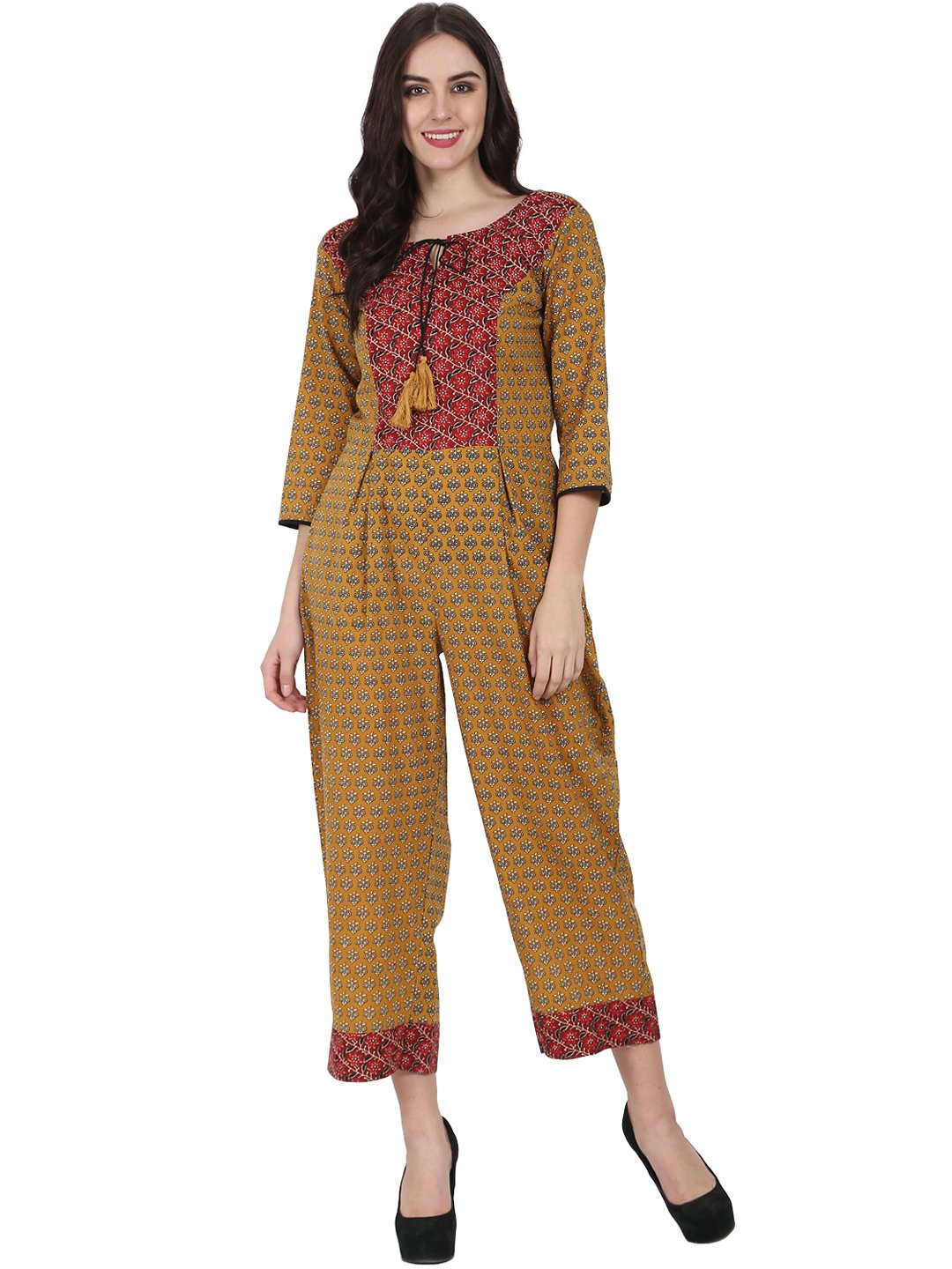 Women's Yellow Printed 3/4Th Sleeve Cotton Jumpsuit With Double Pocket & Dori Work At Yoke - Nayo Clothing