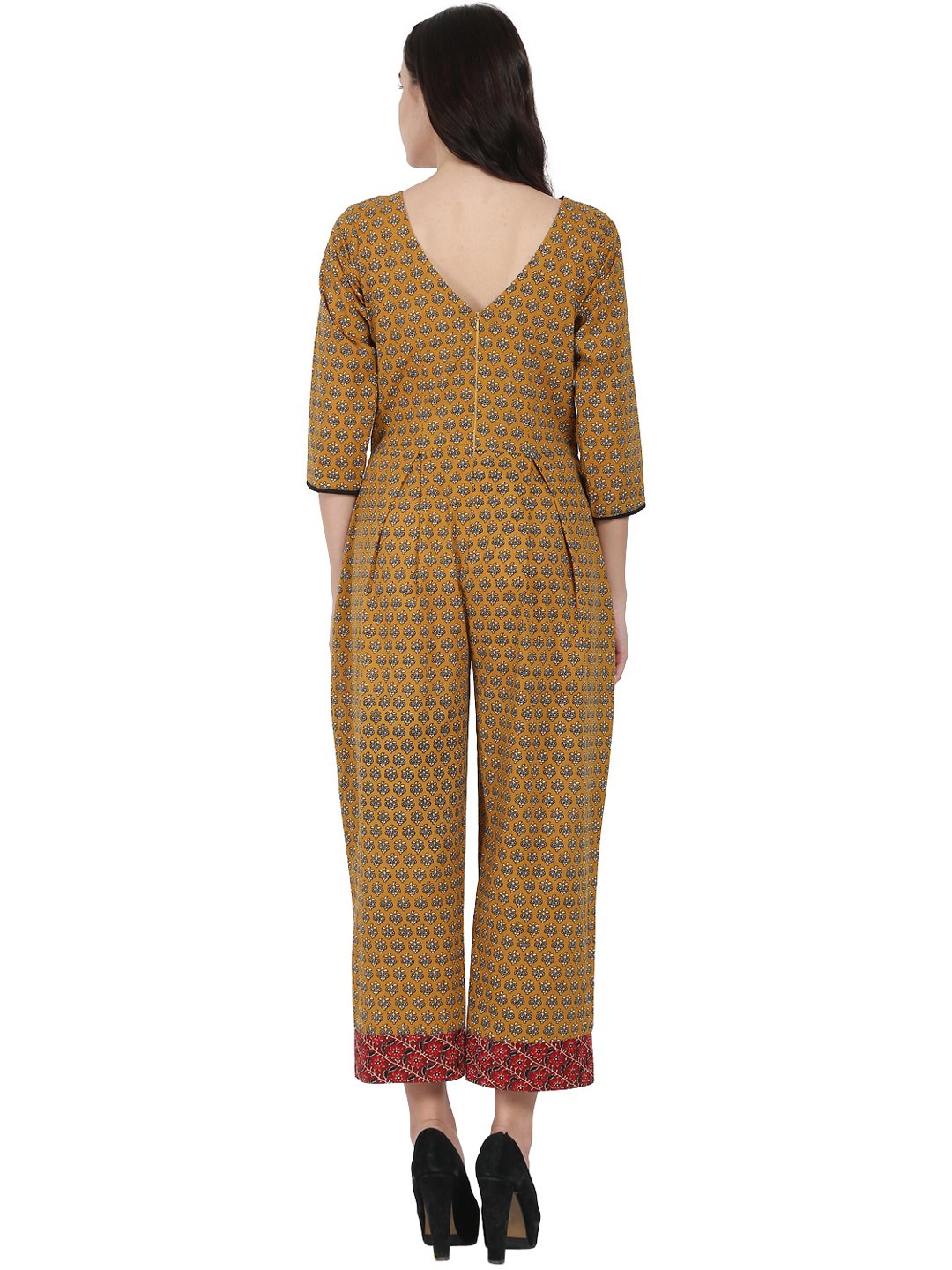 Women's Yellow Printed 3/4Th Sleeve Cotton Jumpsuit With Double Pocket & Dori Work At Yoke - Nayo Clothing