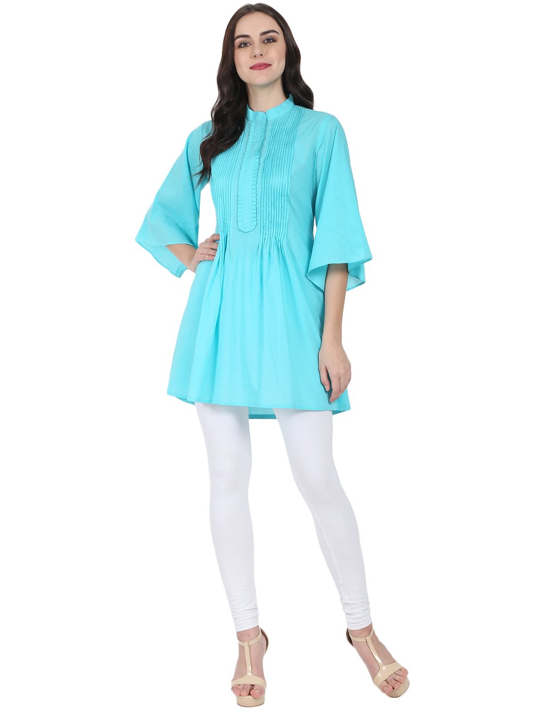 Women's Blue 3/4Th Flared Sleeve Cotton A-Line Tunic With Pleat Work At Yoke - Nayo Clothing