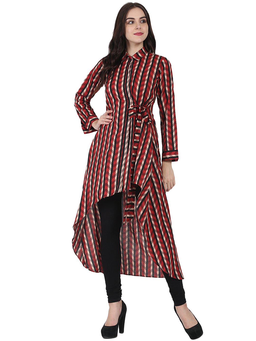 Women's Red Printed Full Sleeve Cotton Low High Kurta - Nayo Clothing