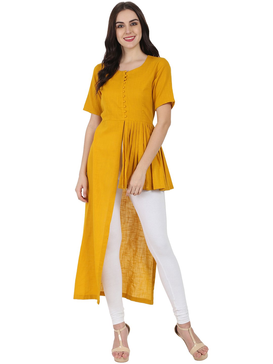 Women's Mustard Half Sleeve Cotton Slub Assymetric Kurta - Nayo Clothing