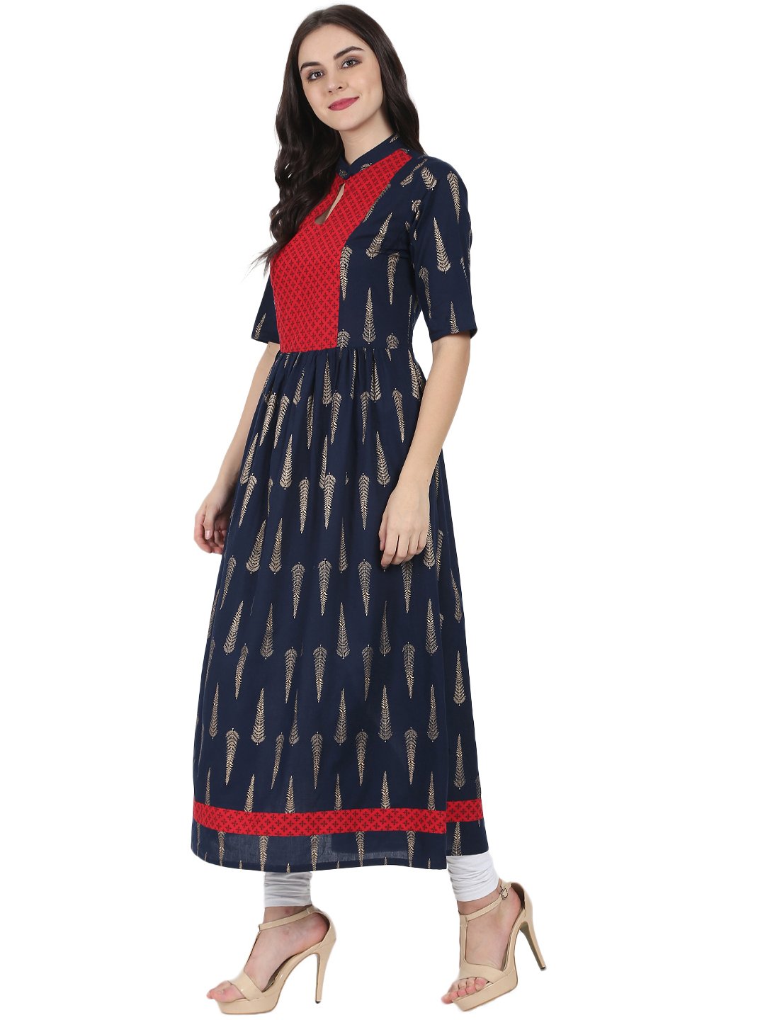 Women's Navy Blue Printed Half Sleeve Cotton Floor Length Anarkali Kurta - Nayo Clothing