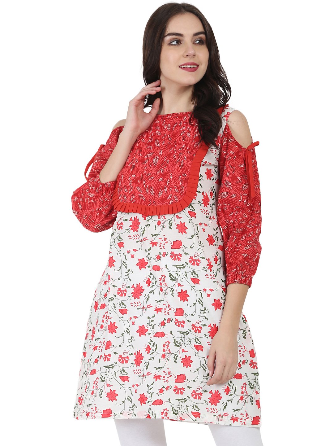 Women's White & Red Printed 3/4Th Sleeve Cotton Cold Shoulder Tunic - Nayo Clothing