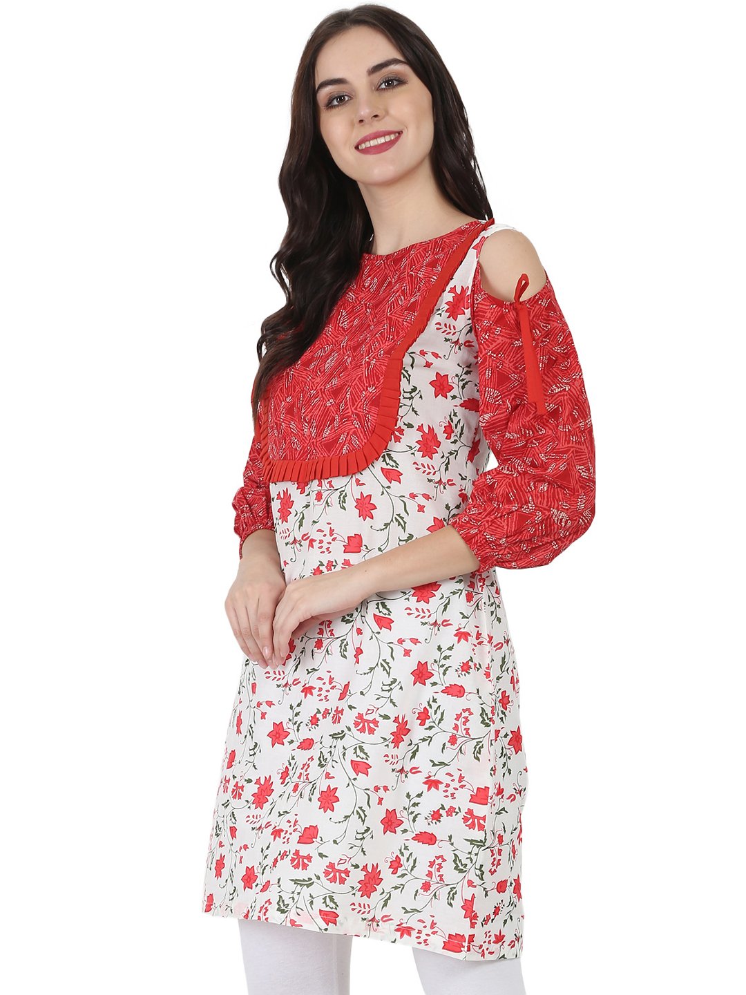 Women's White & Red Printed 3/4Th Sleeve Cotton Cold Shoulder Tunic - Nayo Clothing