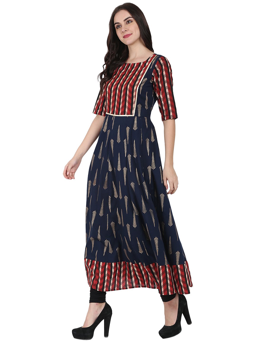 Women's Navy Blue Printed Half Sleeve Cotton Floor Length Anarkali Kurta - Nayo Clothing