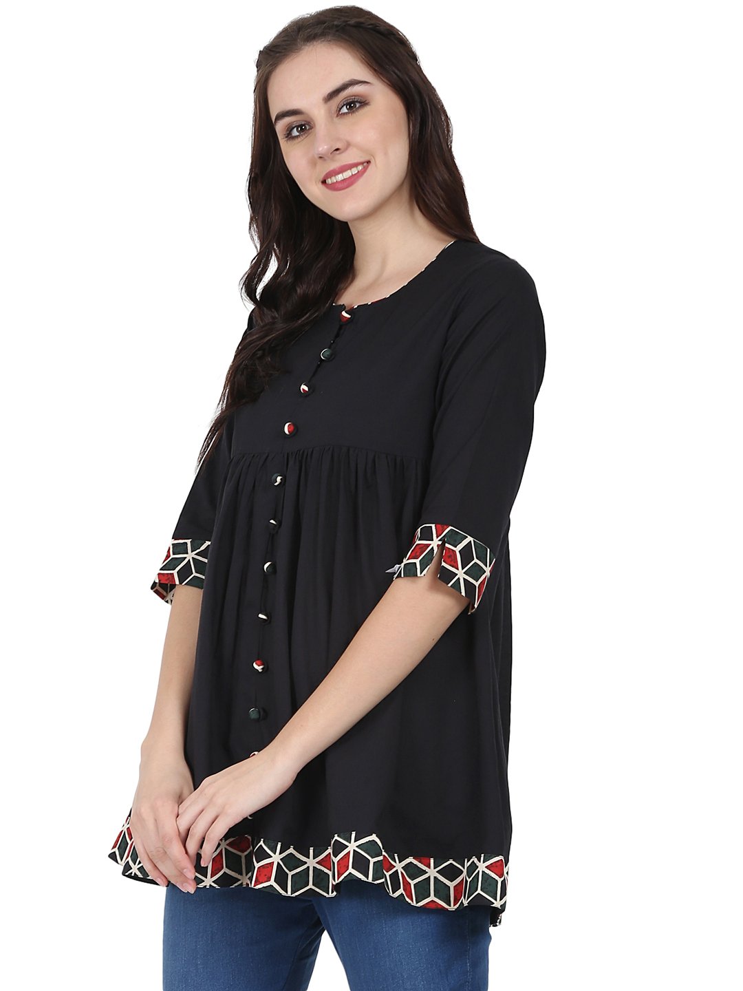 Women's Black 3/4Th Sleeve Cotton A-Line Tunic - Nayo Clothing