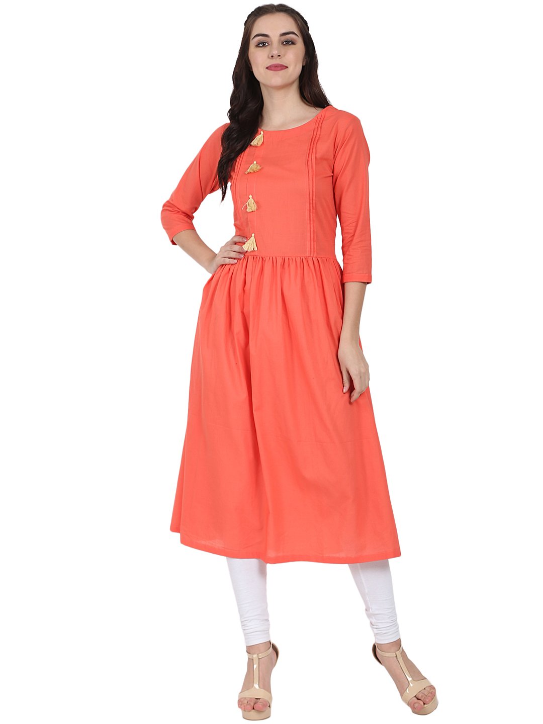Women's Peach 3/4Th Sleeve Cotton A-Line Kurta - Nayo Clothing