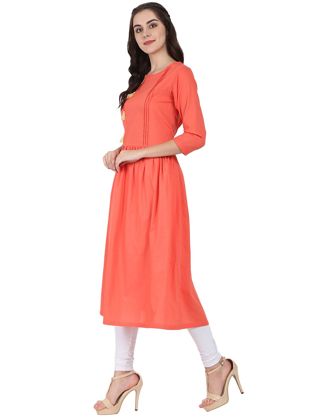 Women's Peach 3/4Th Sleeve Cotton A-Line Kurta - Nayo Clothing