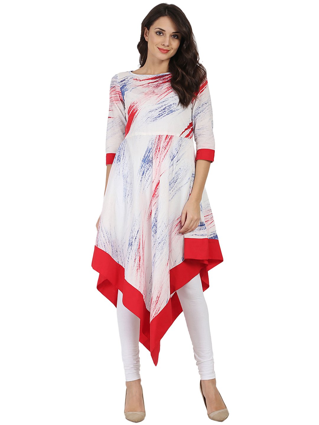 Women's White Tye Dye Half Sleeve Cotton A-Line Assymetric Kurta - Nayo Clothing