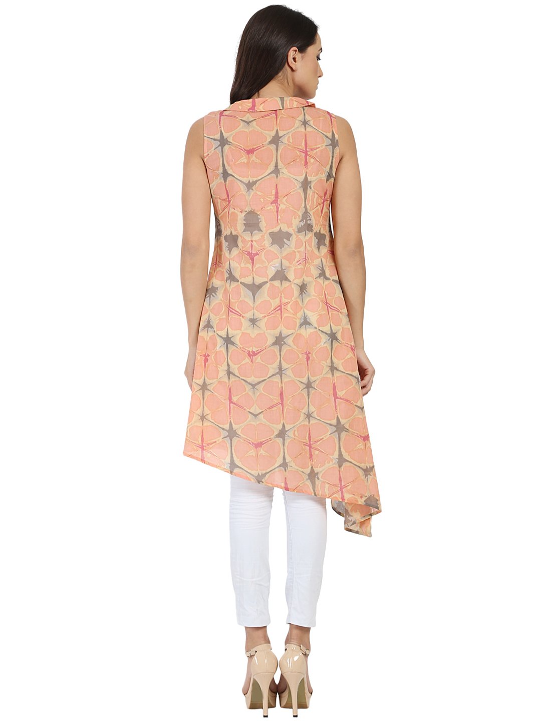 Women's Peach Printed Sleeveless Cotton A-Line Kurta - Nayo Clothing