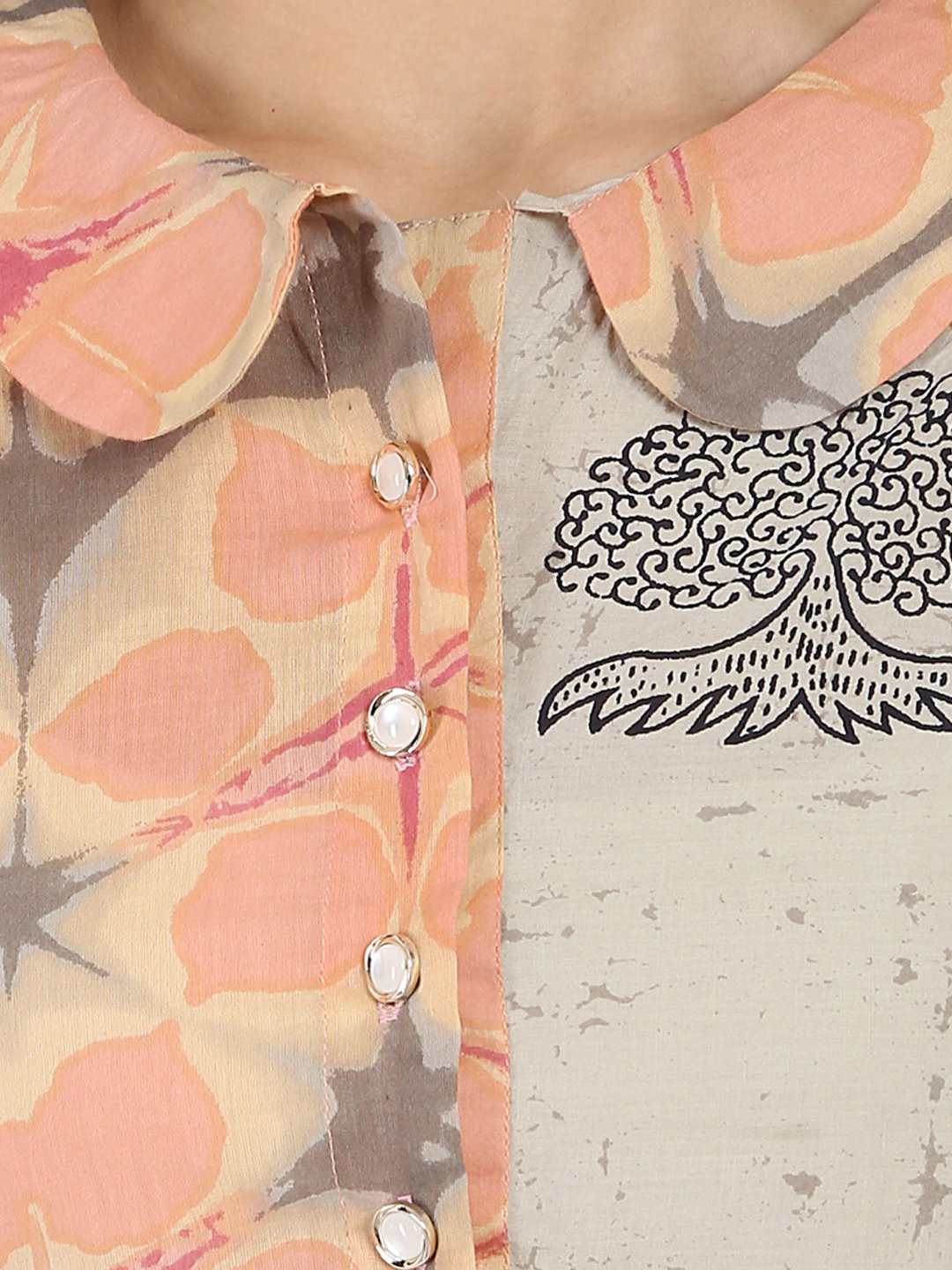 Women's Peach Printed Sleeveless Cotton A-Line Kurta - Nayo Clothing