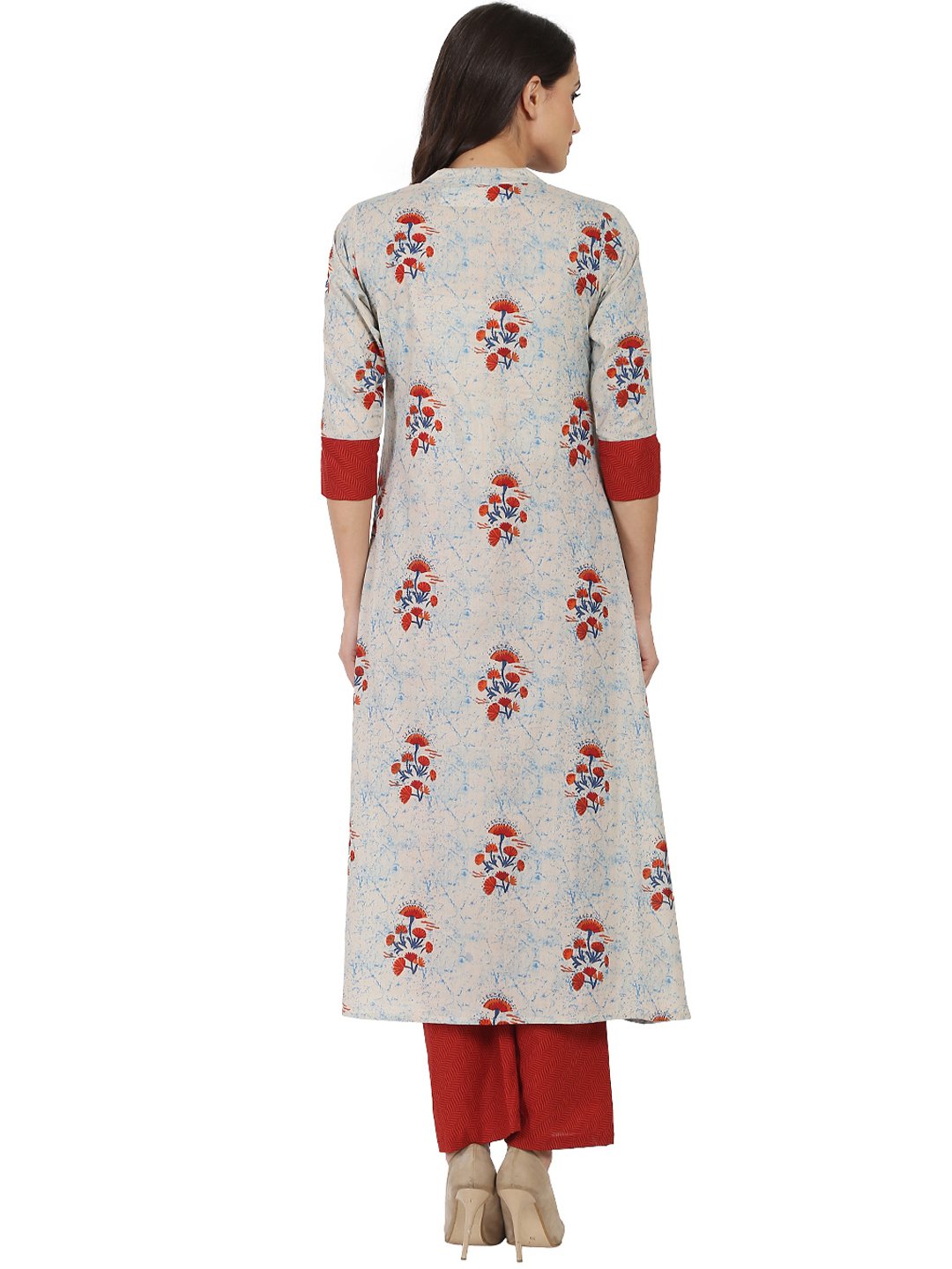 Women's White & Red Printed Half Sleeve Cotton Double Layer Kurta - Nayo Clothing