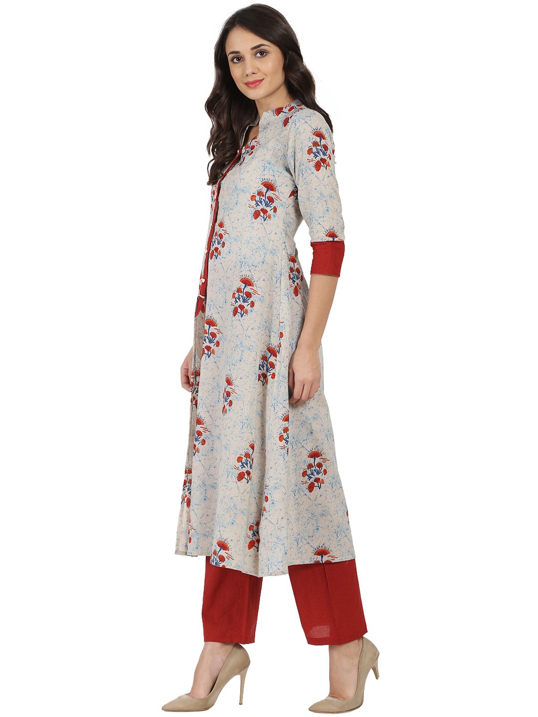 Women's White & Red Printed Half Sleeve Cotton Double Layer Kurta - Nayo Clothing