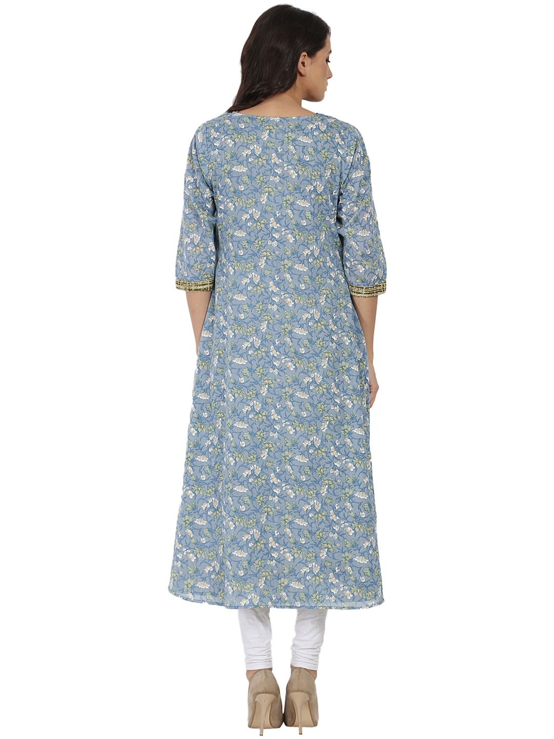 Women's Blue & Green Printed 3/4Th Sleeve Cotton Double Layer Kurta - Nayo Clothing