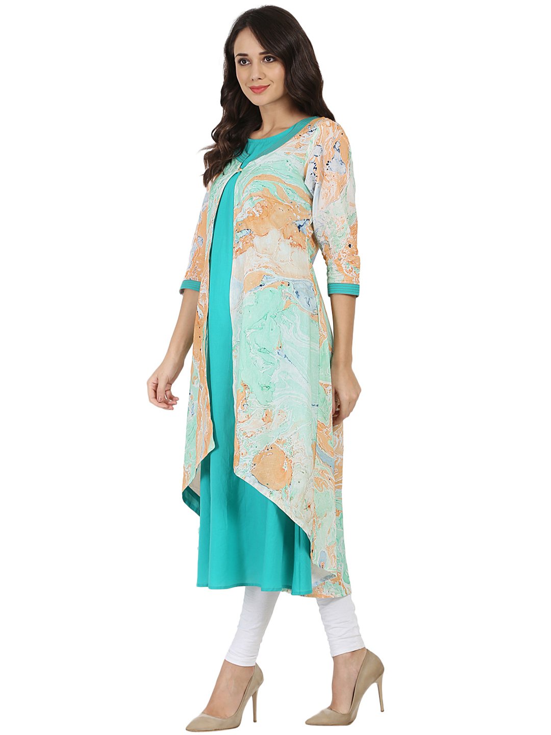 Women's Sea Green Marbal  Printed 3/4Th Sleeve Cotton Double Layer Kurta - Nayo Clothing
