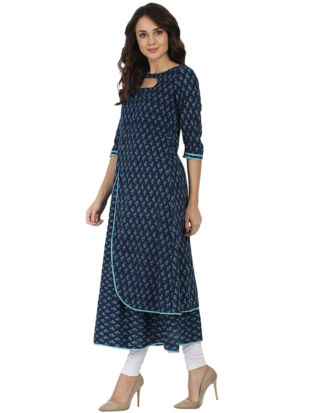 Women's Blue Printed 3/4Th Sleeve Cotton Double Layer Anarkali Kurta - Nayo Clothing