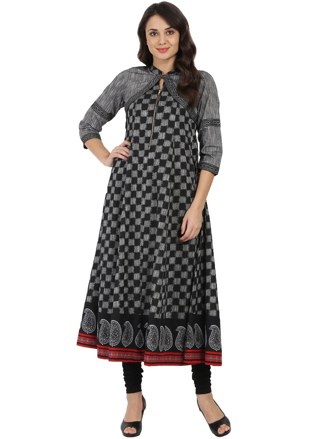 Women's Black Printed Sleeveless South Cotton Anarkali  Kurta With 3/4Th Sleeve Jacket - Nayo Clothing