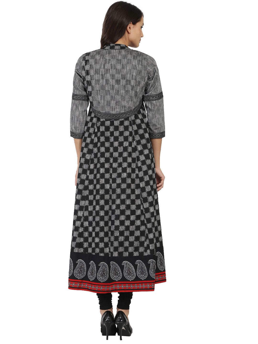 Women's Black Printed Sleeveless South Cotton Anarkali  Kurta With 3/4Th Sleeve Jacket - Nayo Clothing