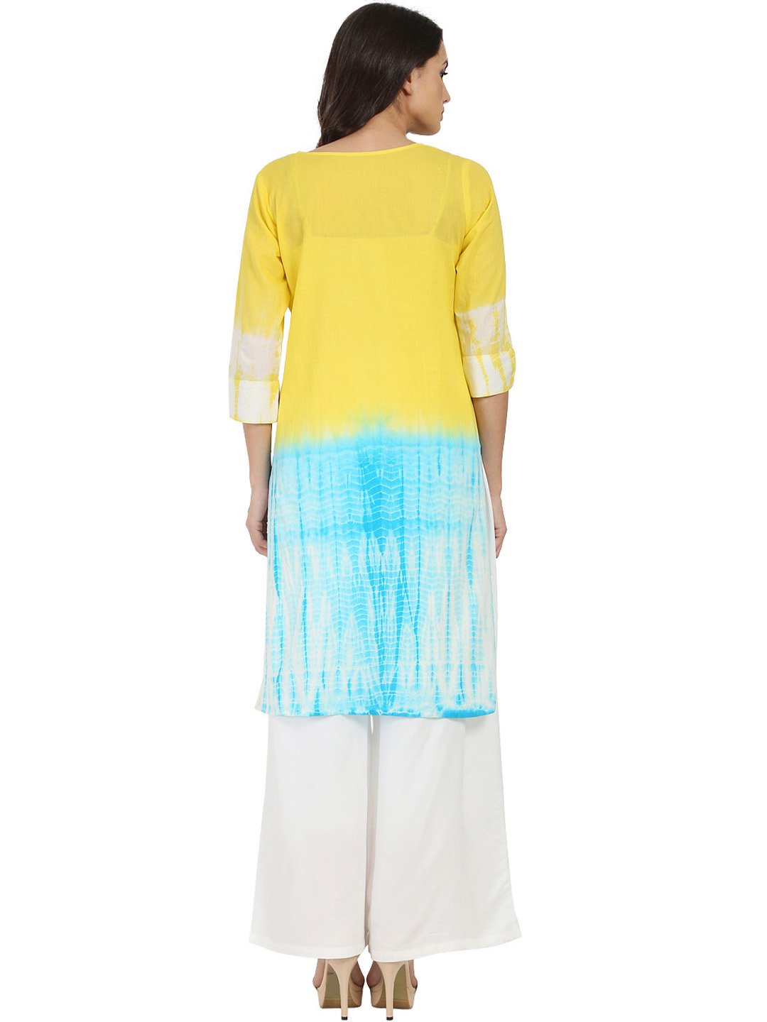 Women's Yellow & Blue Tye Dye 3/4Th Sleeve Cotton Kurta - Nayo Clothing