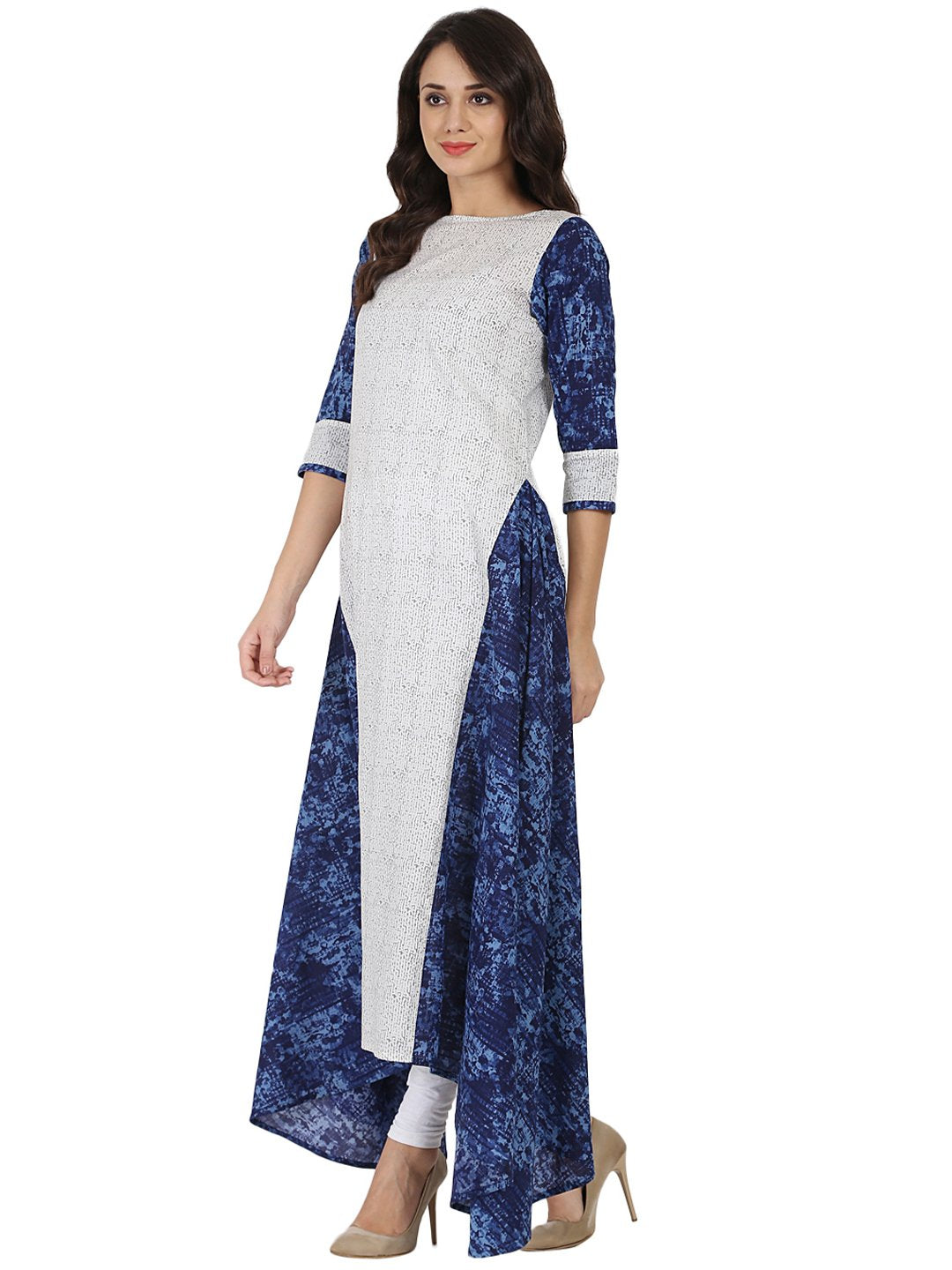 Women's White & Blue Printed 3/4Th Sleeve Cotton A-Line Kurta - Nayo Clothing