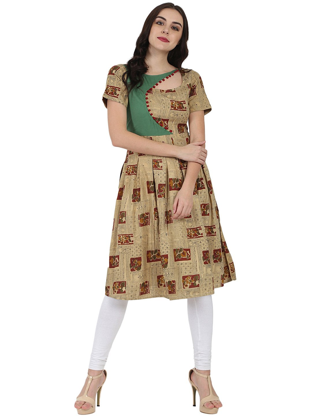 Women's Beige Printed Half Sleeve Rayon Anarkali Kurta - Nayo Clothing