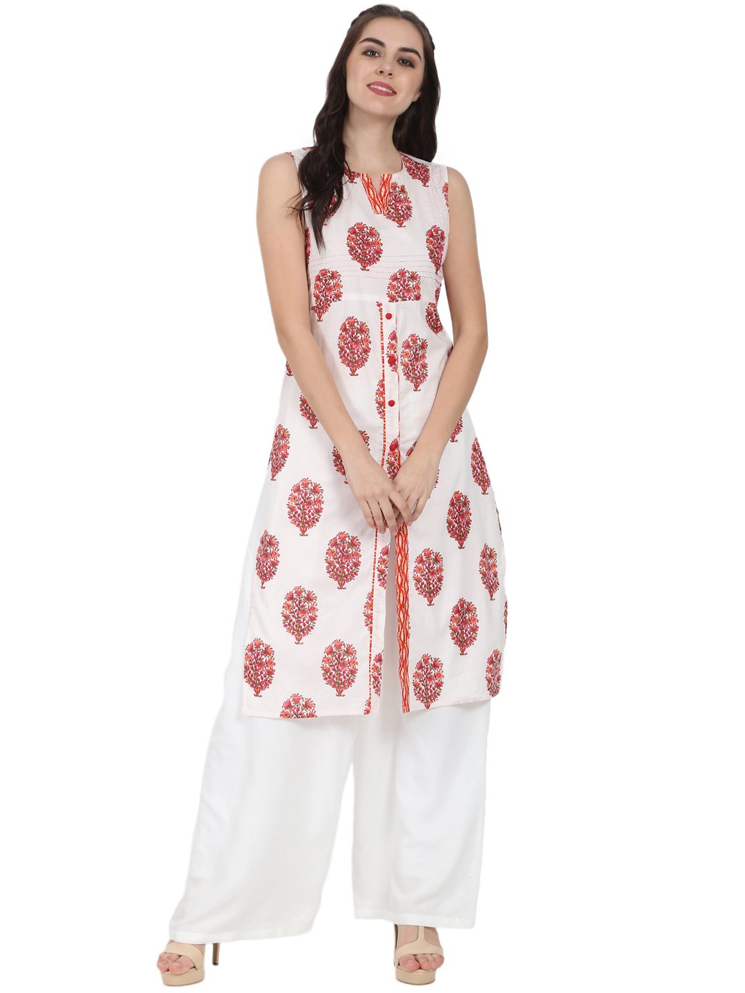 Women's Off White Printed Sleeveless Cotton Kurta - Nayo Clothing