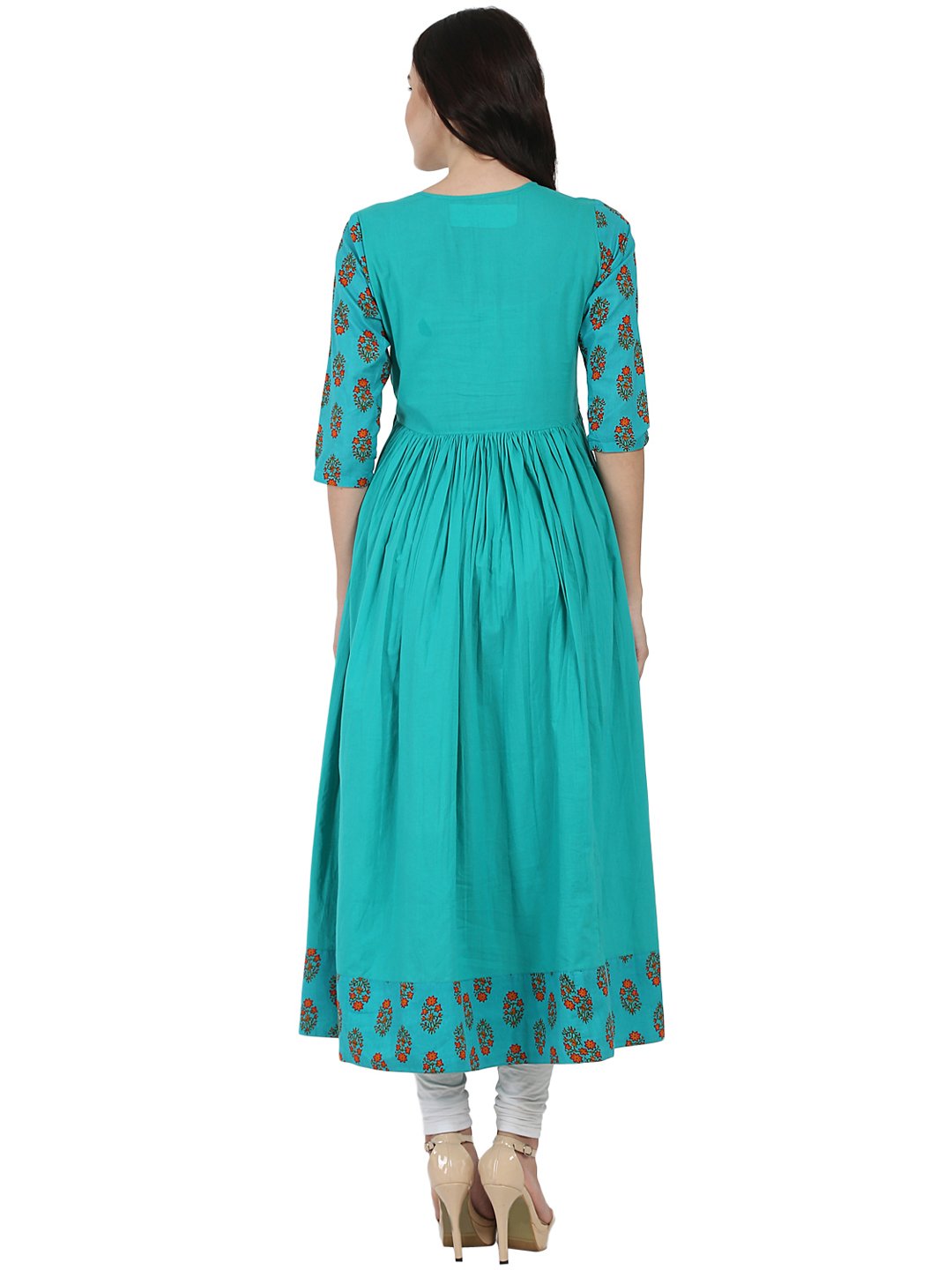 Women's Blue Printed 3/4Th Sleeve Cotton Angrakha Style Kurta - Nayo Clothing