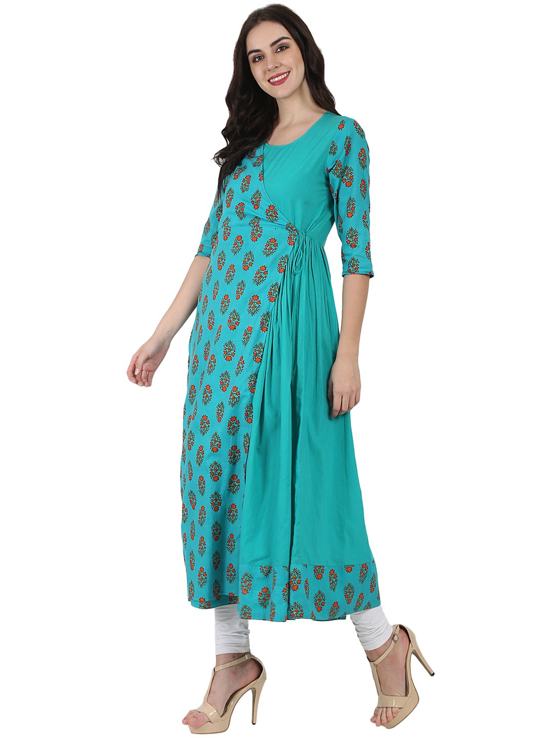 Women's Blue Printed 3/4Th Sleeve Cotton Angrakha Style Kurta - Nayo Clothing