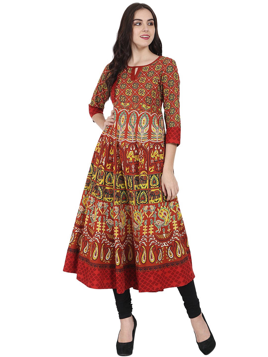 Women's Rust Brown Printed 3/4Th Sleeve Cotton Anarkali Kurta - Nayo Clothing