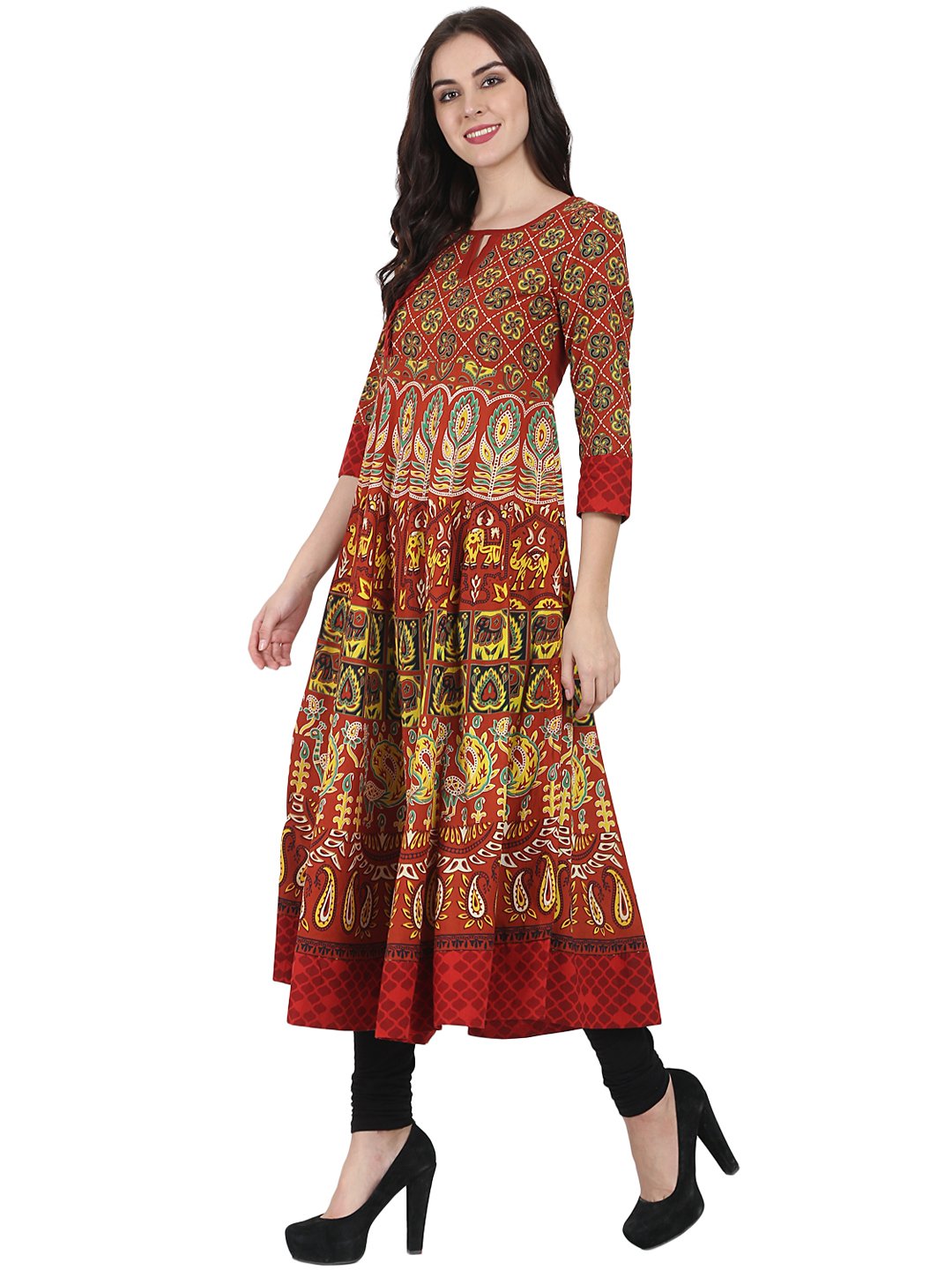 Women's Rust Brown Printed 3/4Th Sleeve Cotton Anarkali Kurta - Nayo Clothing