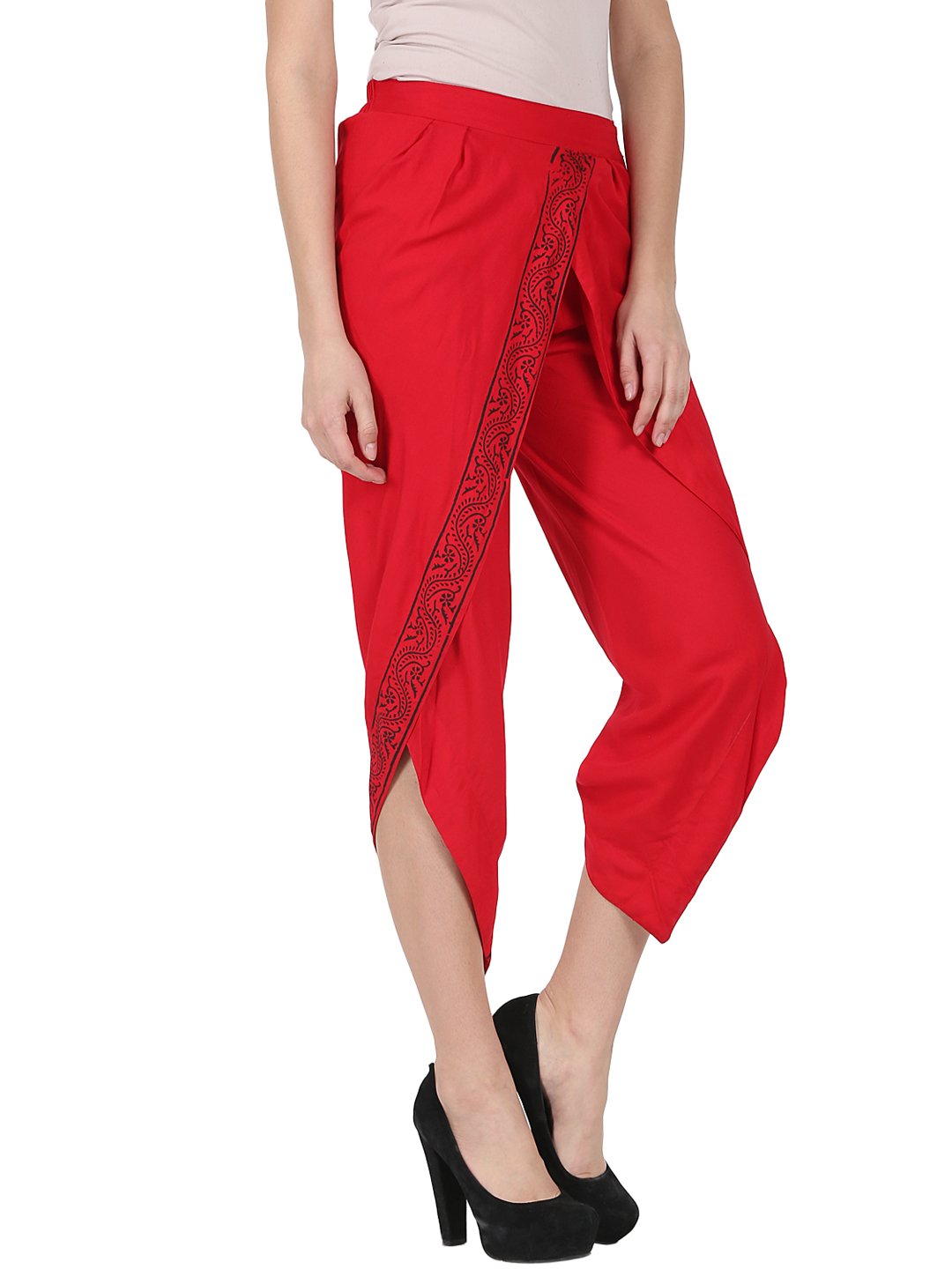 Women's Red Ankle Length Rayon Block Printed Dhoti - Nayo Clothing