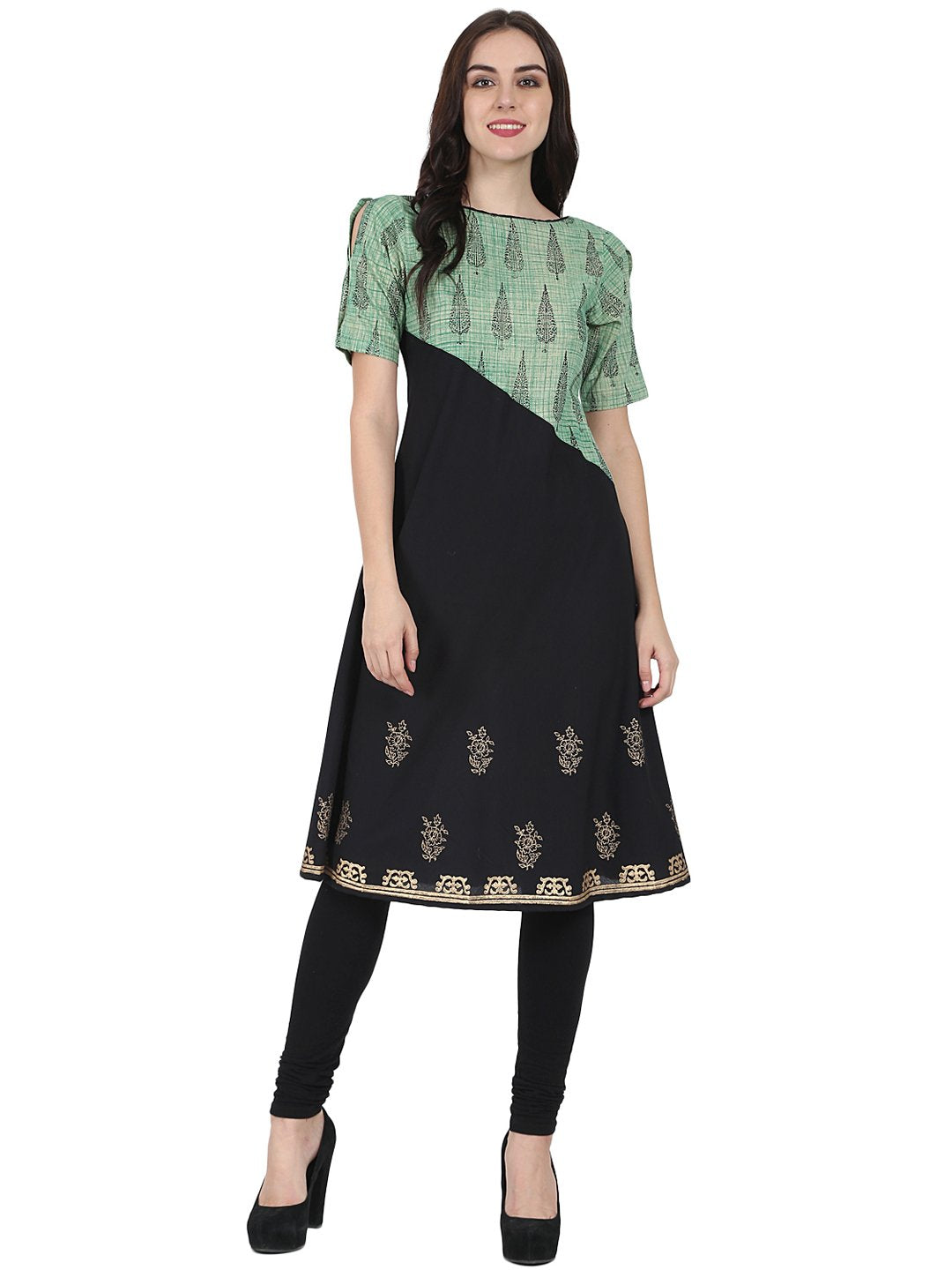 Women's Black & Green Half Sleeve Cotton Block Printed Kurta - Nayo Clothing