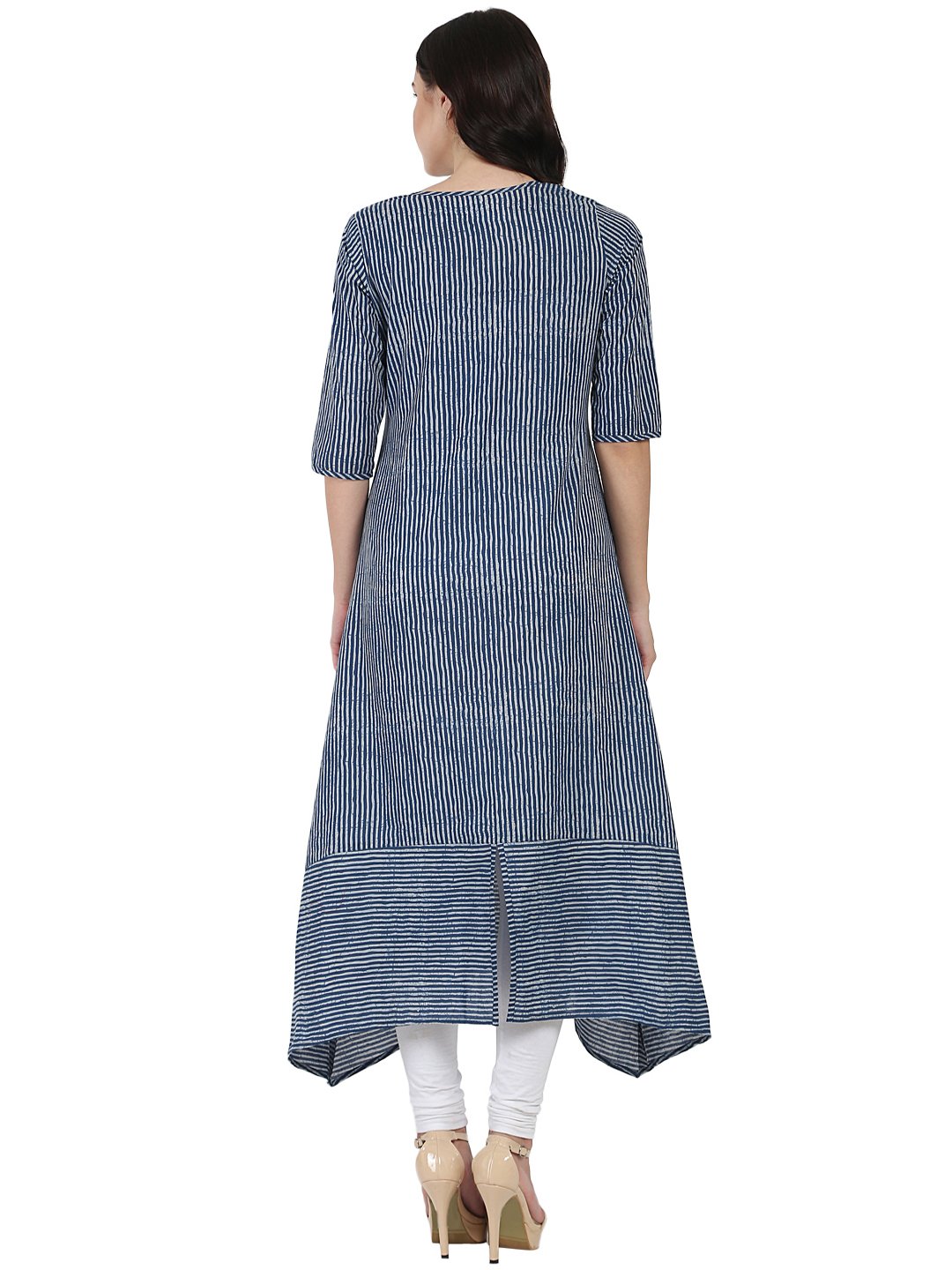 Women's Blue 3/4Th Sleeve Block Printed A-Line Kurta - Nayo Clothing