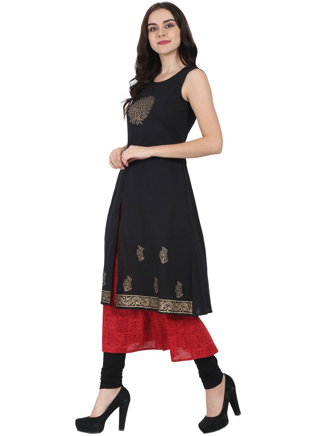 Women's Black & Red Block Printed Sleeveless Cotton Double Layer Kurta - Nayo Clothing