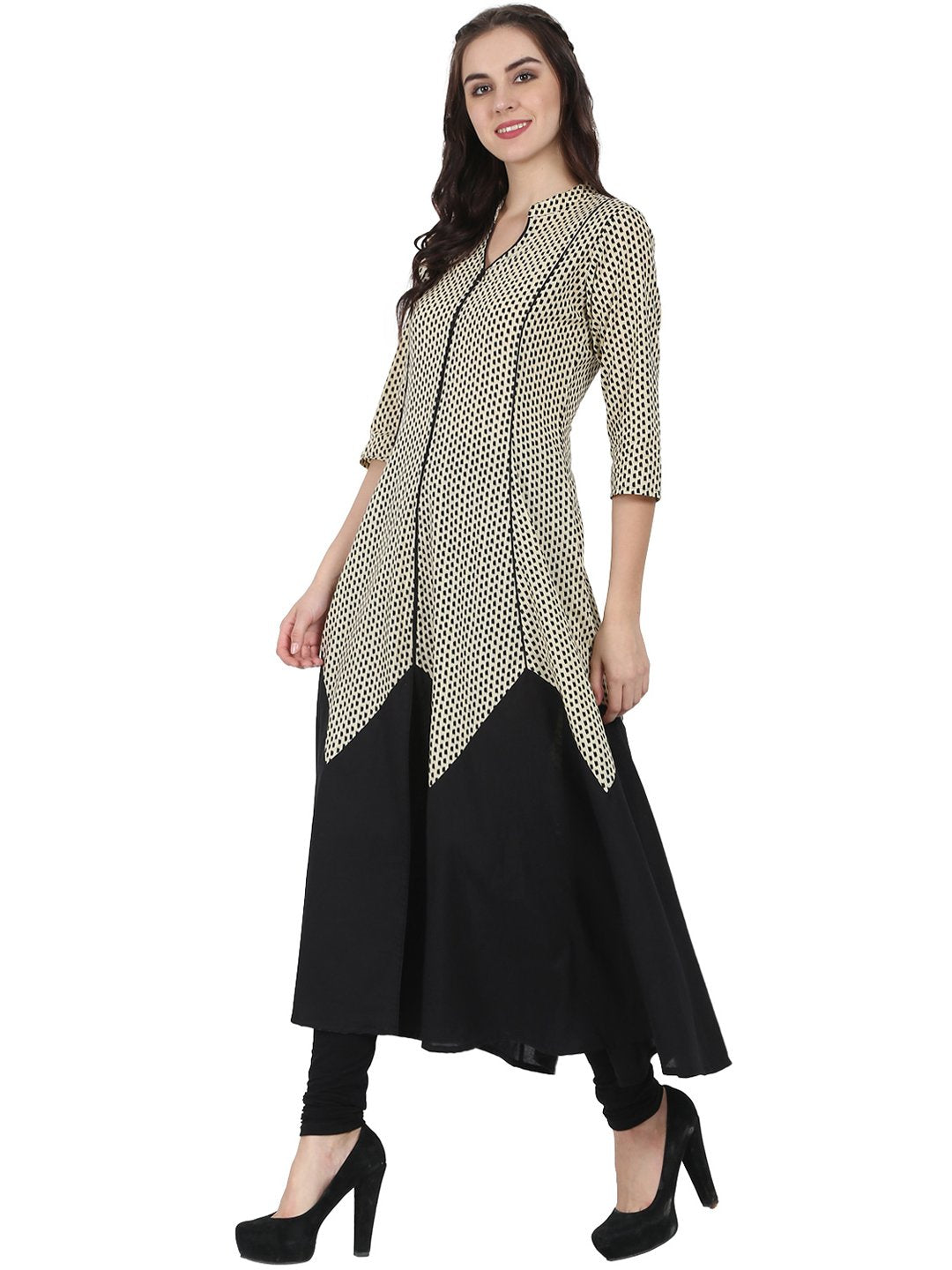 Women's Off White & Black 3/4Th Sleeve Cotton A-Line Kurta - Nayo Clothing