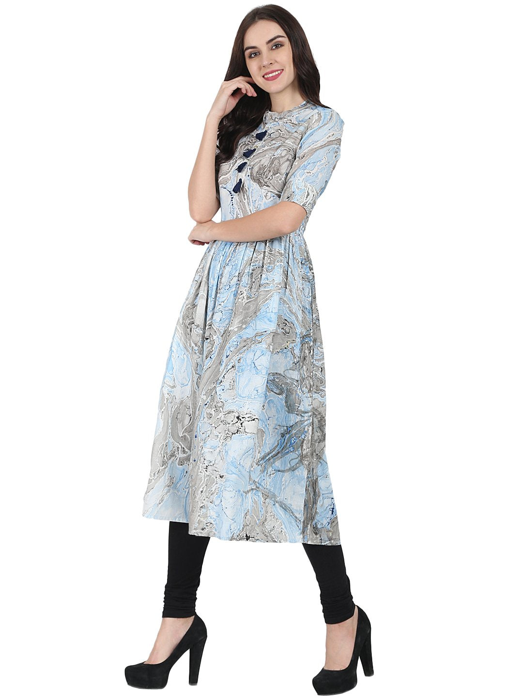 Women's Blue Marbal Printed Half Sleeve Cotton Anarkali Kurta - Nayo Clothing