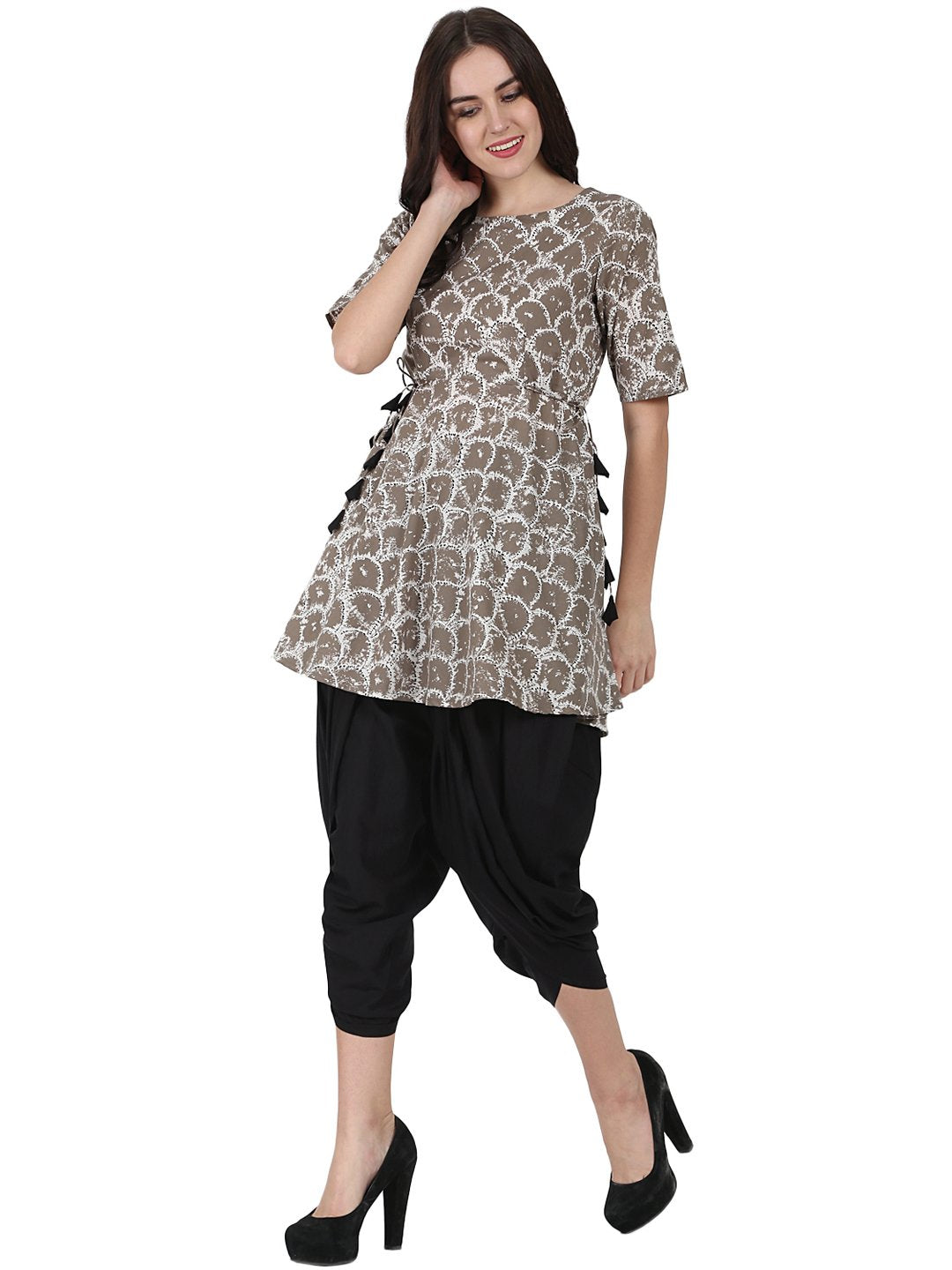 Women's Grey Printed Half Sleeve Anarkali Kurta With Black Ankle Length Dhoti - Nayo Clothing