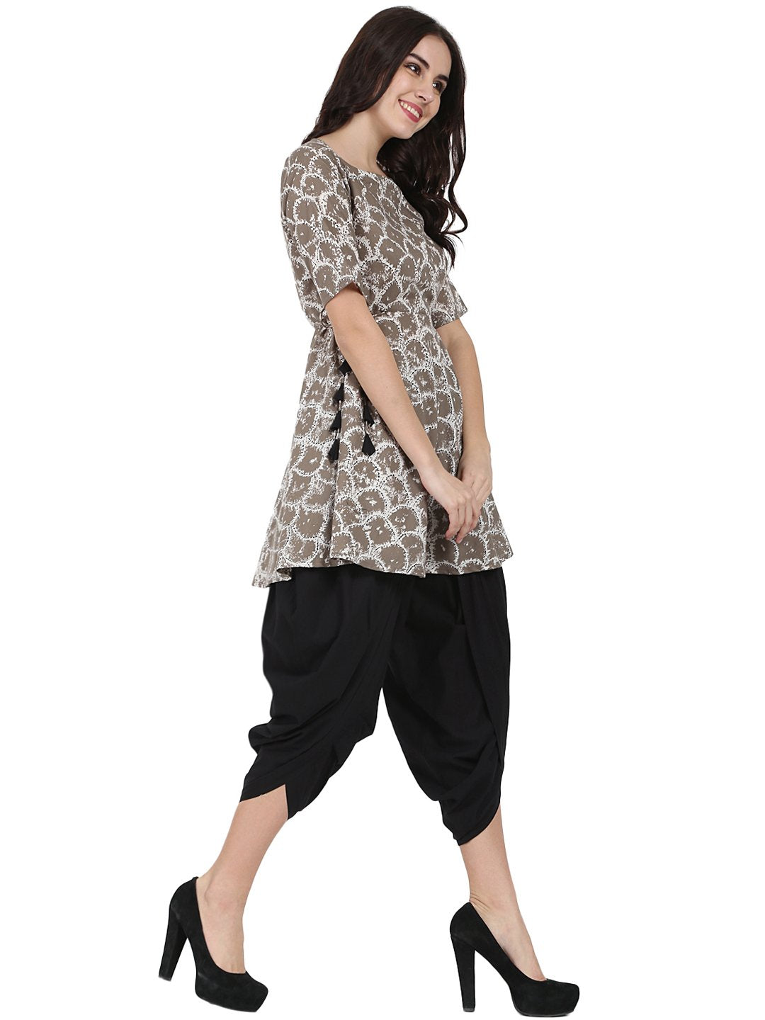 Women's Grey Printed Half Sleeve Anarkali Kurta With Black Ankle Length Dhoti - Nayo Clothing
