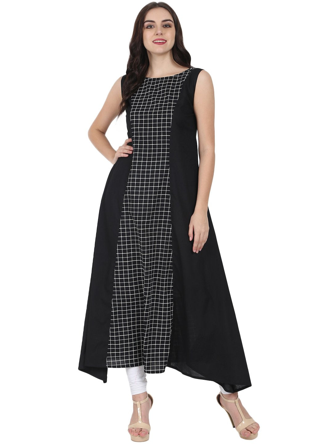 Women's Black Printed Sleeveless Cotton Floor Length A-Line Kurta - Nayo Clothing