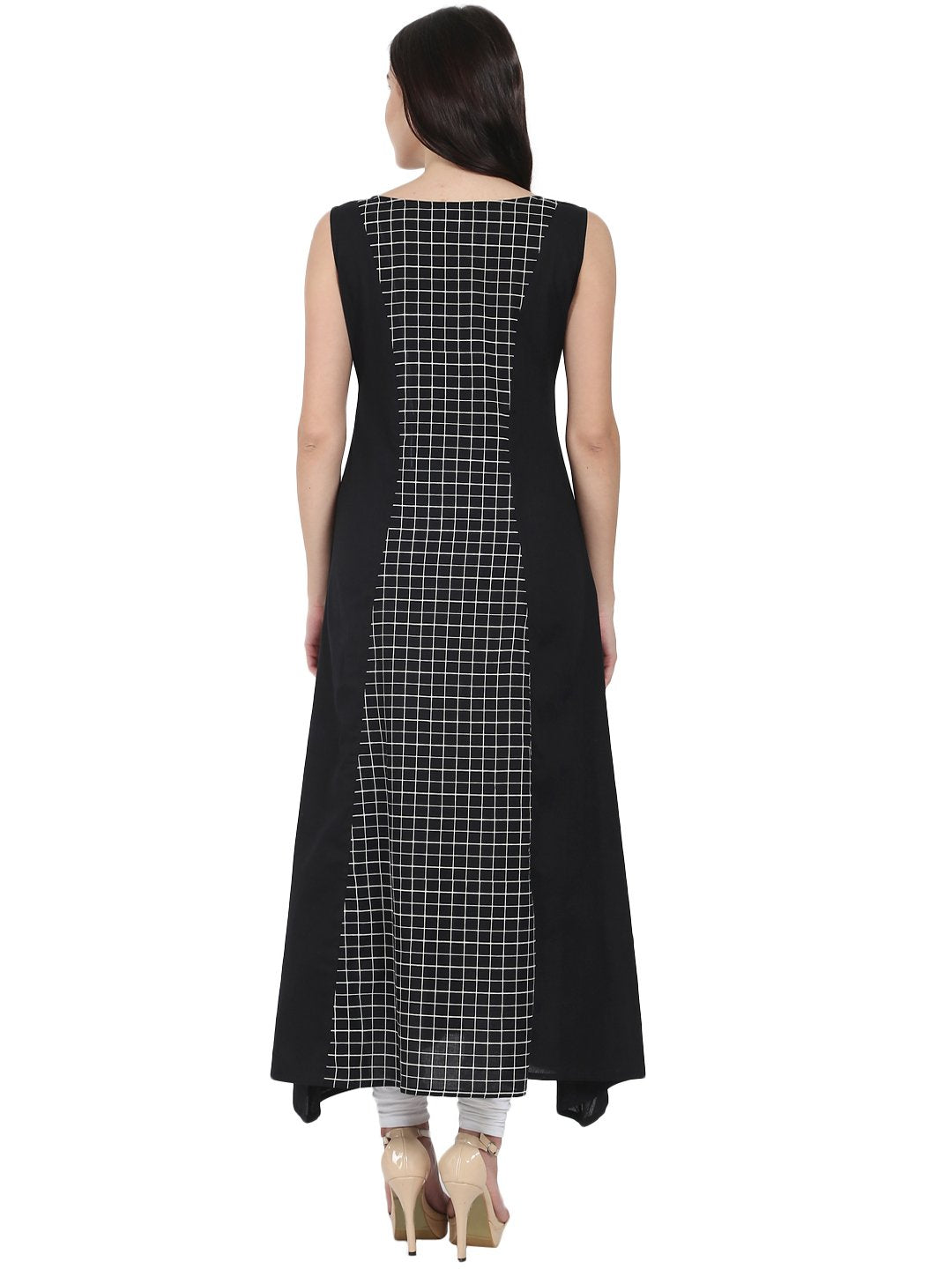 Women's Black Printed Sleeveless Cotton Floor Length A-Line Kurta - Nayo Clothing