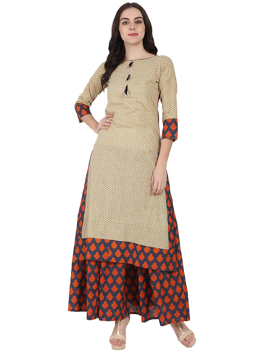 Women's Beige Printed 3/4Th Sleeve Cotton Kurta With Blue Printed Ankle Length Flared Skirt - Nayo Clothing