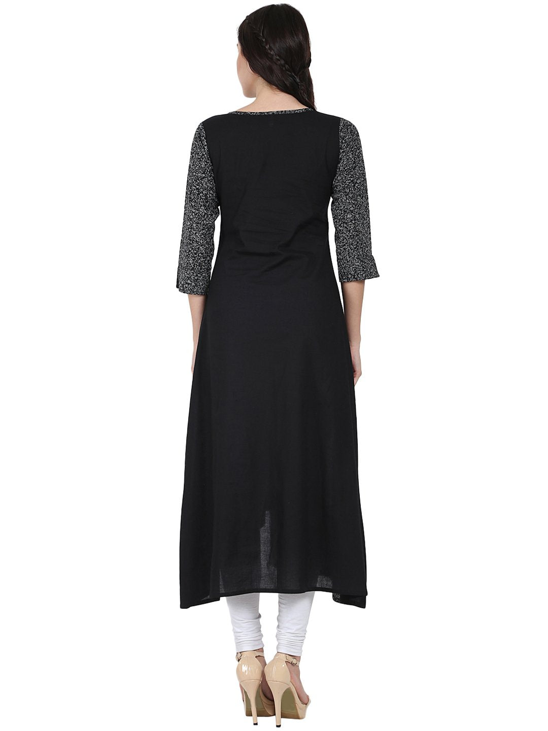 Women's Black Printed 3/4Th Sleeve Cotton A-Line Kurta - Nayo Clothing
