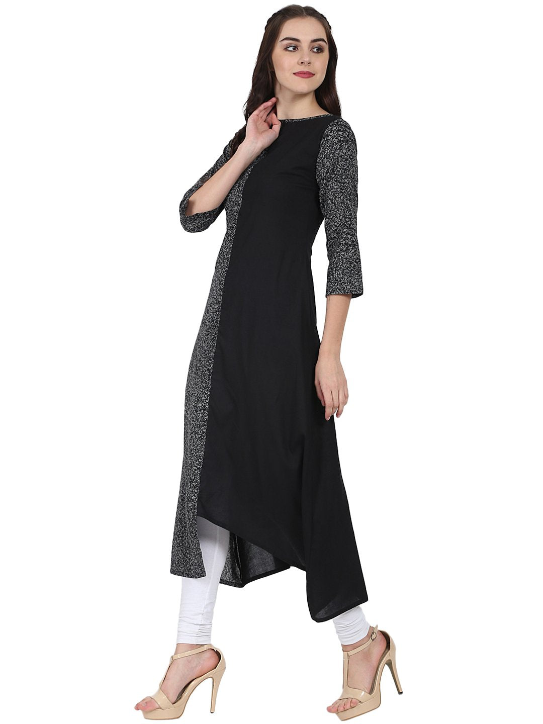 Women's Black Printed 3/4Th Sleeve Cotton A-Line Kurta - Nayo Clothing