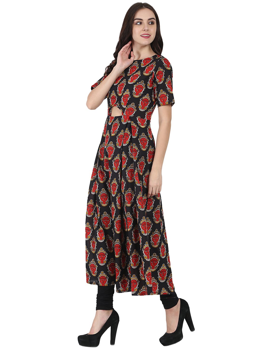 Women's Black Printed Half Sleeve Cotton Anarkali Kurta - Nayo Clothing