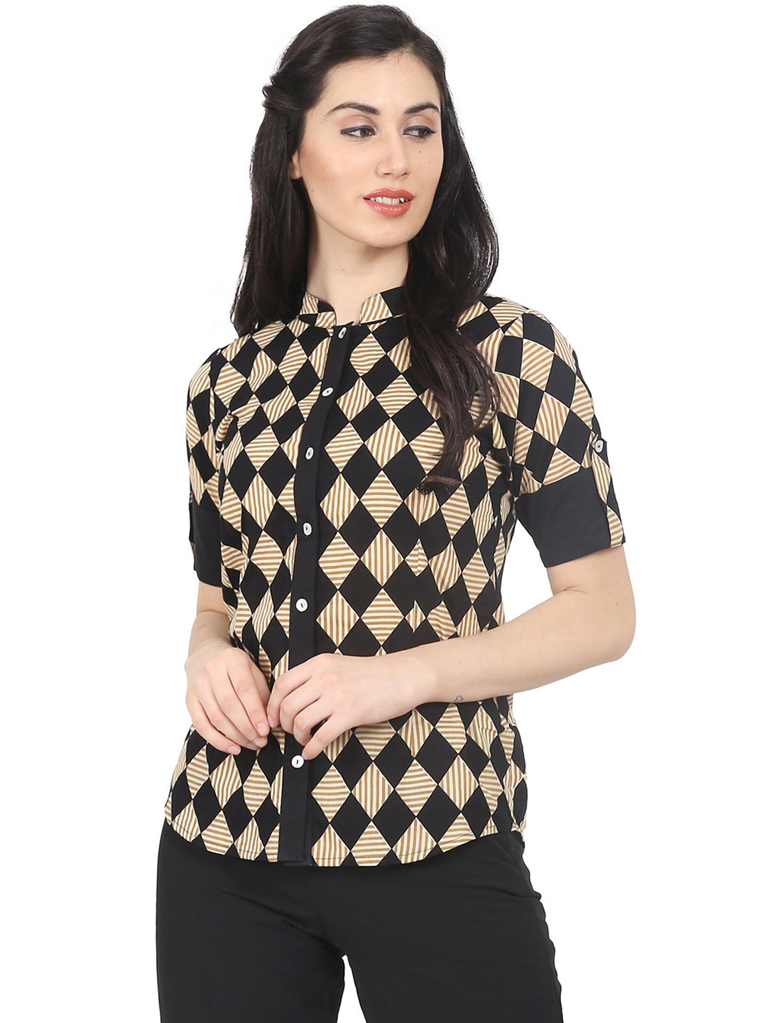 Women's Black & Beige Slim Fit Checked Casual Shirt - Nayo Clothing