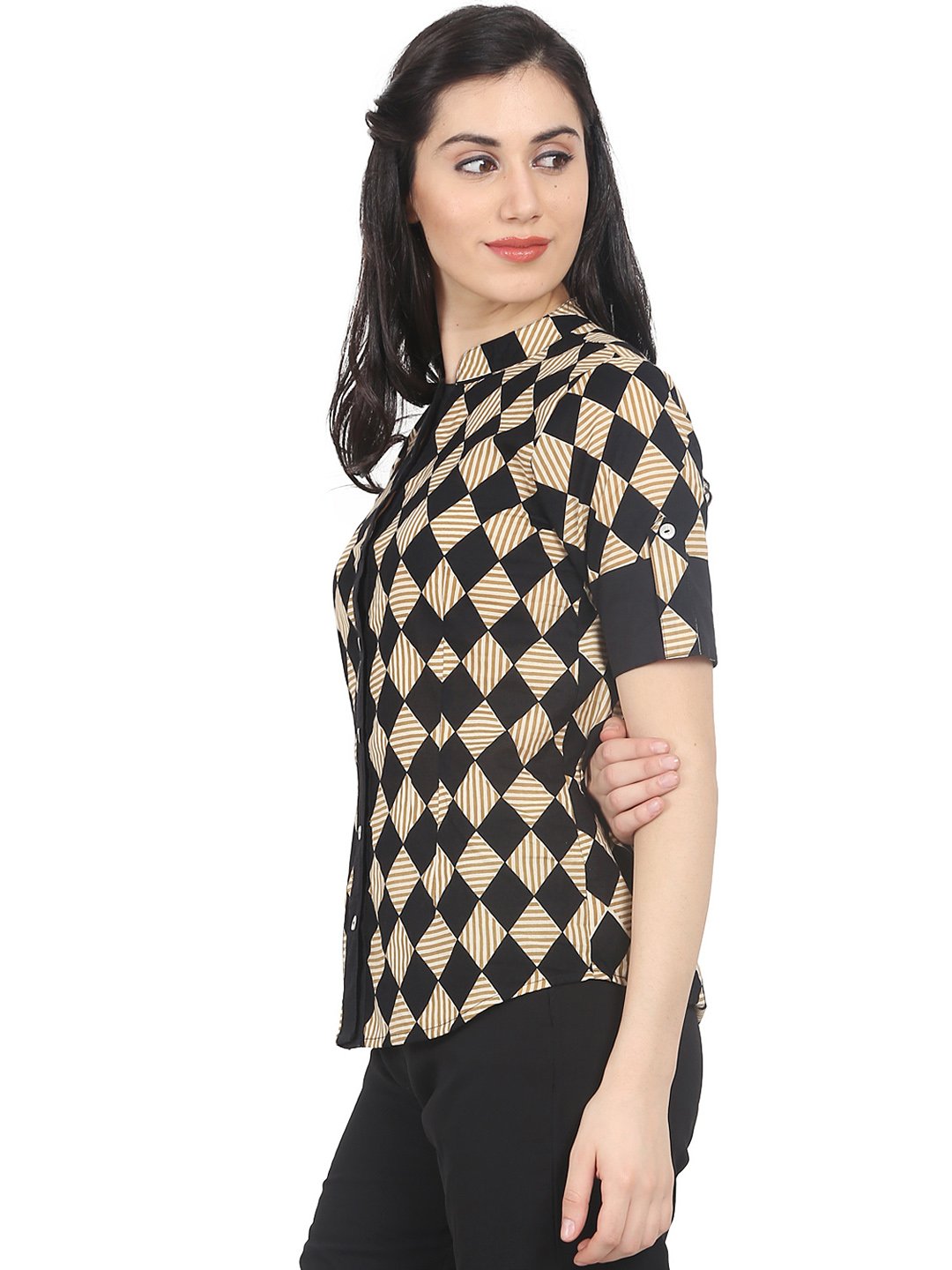 Women's Black & Beige Slim Fit Checked Casual Shirt - Nayo Clothing