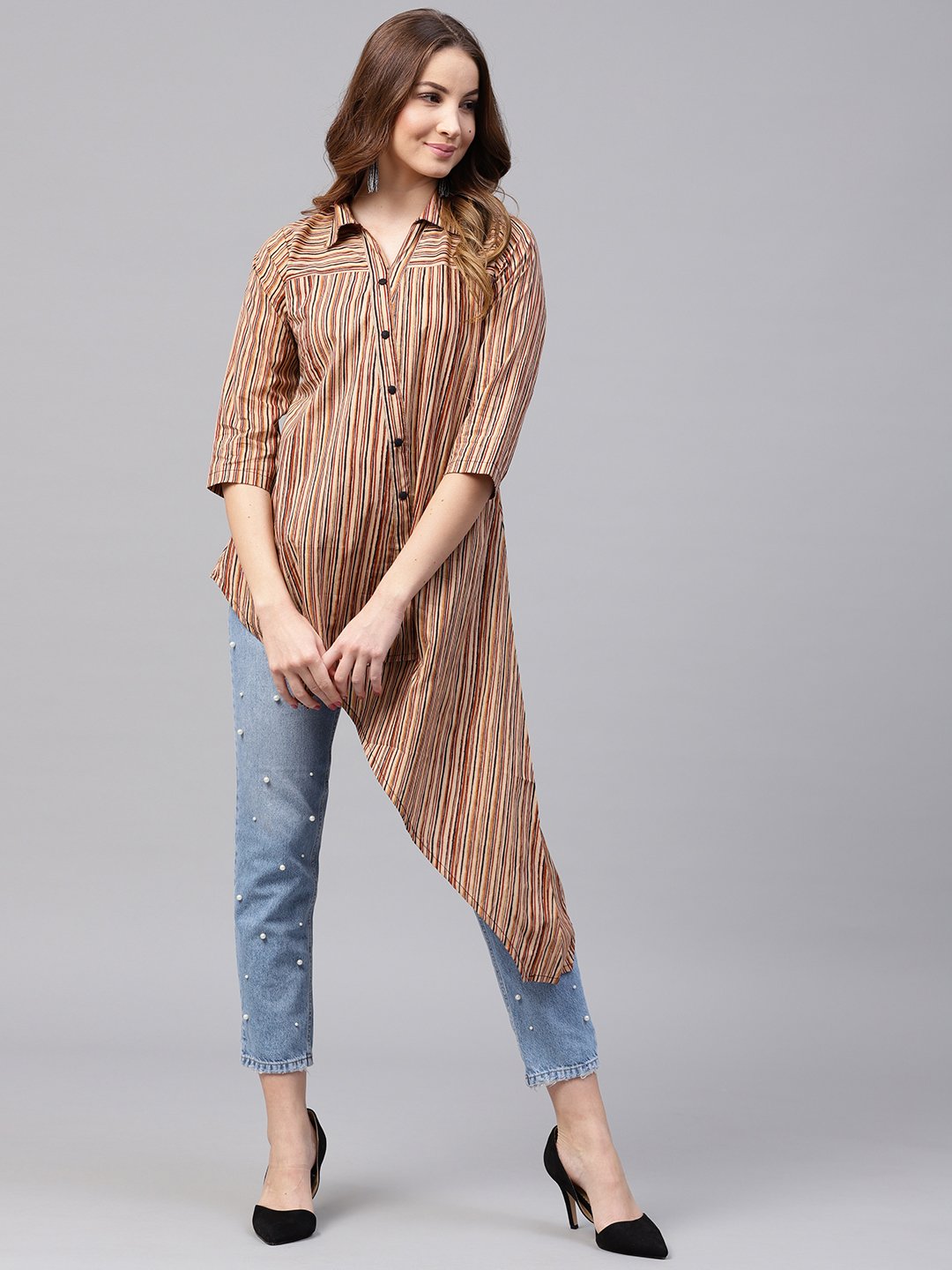 Women's Beige Striped 3/4Th Sleeve Cotton Assymetric Tunic - Nayo Clothing