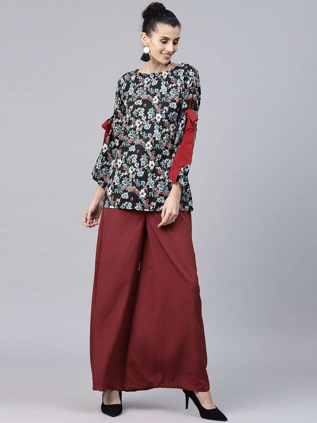 Women's Black & Blue Printed Full Sleeve Crepe Tops With Red Palazzo - Nayo Clothing