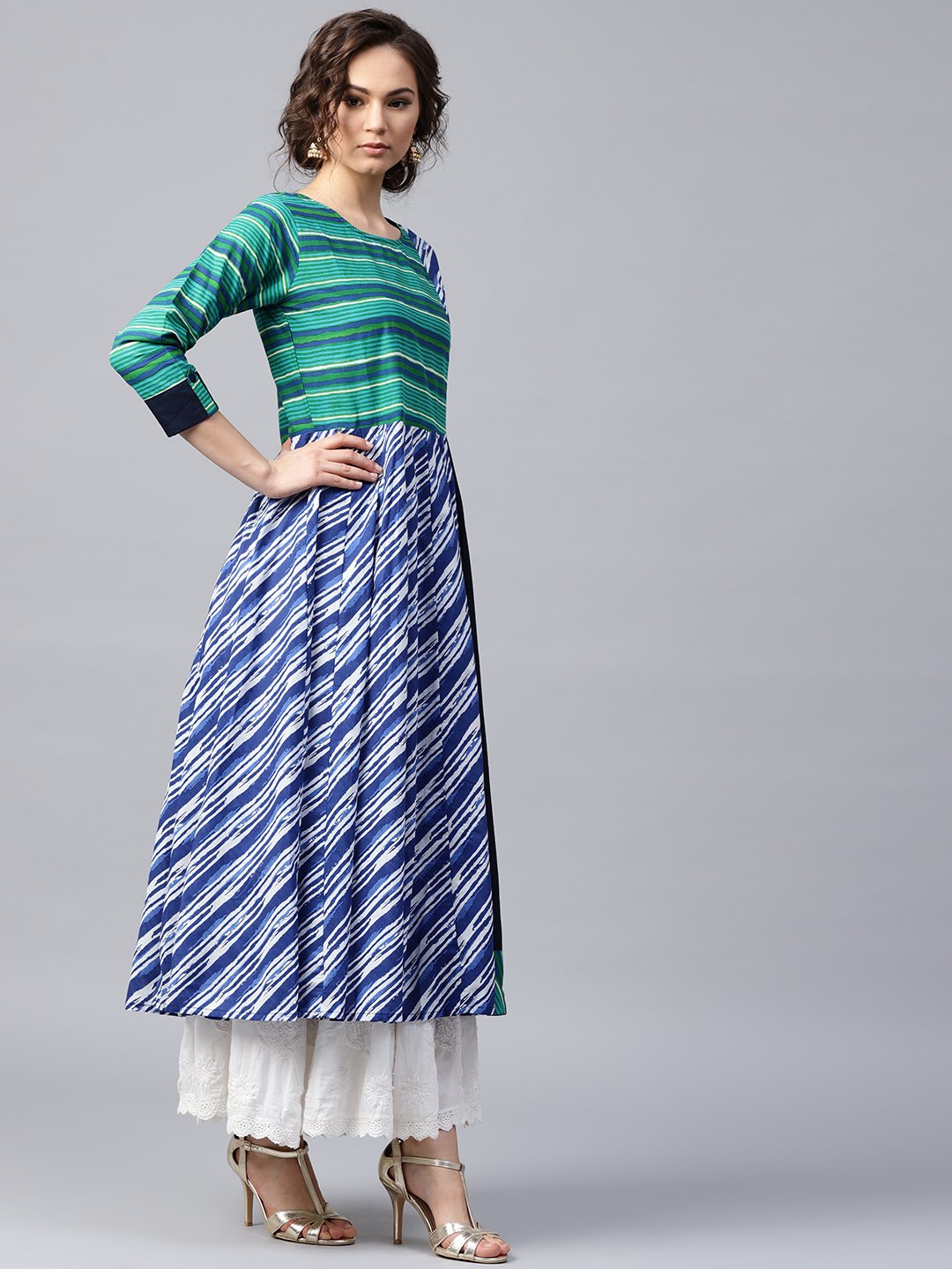 Women's Blue & Green striped 3/4th sleeve cotton Anarkali kurta - Nayo Clothing